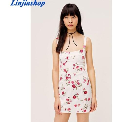 Fashion Women Floral Print Sling Sexy Dress Sleeveless Pencil Mini Dress Summer Romantic Club Party Dress Vestido