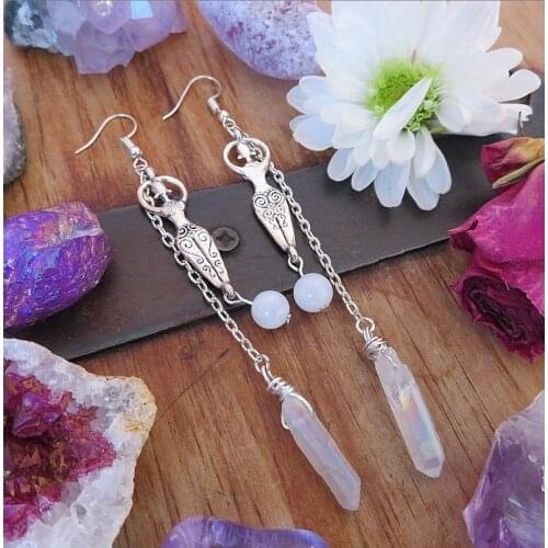 Moonstone & Angel Aura Quartz, Goddess, Wire Wrapped Earrings, Reiki Energy Jewelry