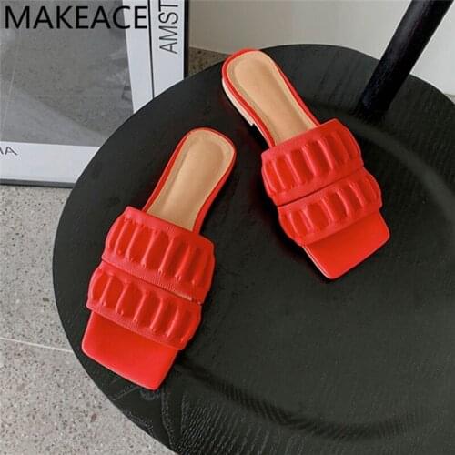 Summer Slippers Women Genuine Leather Pleated Designer Brand Shoes Woman Black White Brown Slides Ladies Flats Mules Women 2021