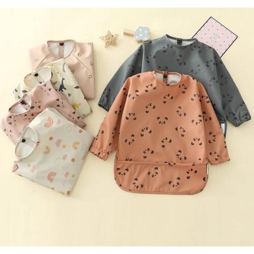 Baby Long-Sleeved Bibs Waterproof Apron Pocket Childrens Silicone Bib For Kids Eating and Playing Smock Cloth Infant Boys Girls