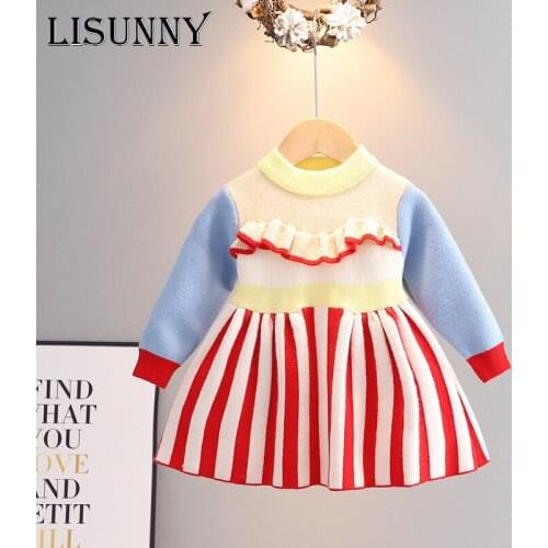 2021 Autumn Winter Girls Sweater Dress Kids Baby Sweater Children Clothing Knitted Pullover Christmas Dressrs Stripe Jumper 1-5y