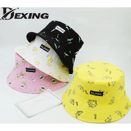 Unisex Banana Print Yellow Panama Bucket Hat Men Women Summer Cotton Bob Outdoor Fisherman Hat Two Sided Fishing Hat
