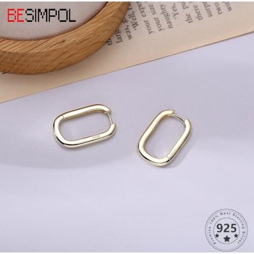 Besimpol Real 925 Sterling Silver Simple Stud Earrings Minimalist Geometric Oval Earrings For Women Luxury Fine Jewelry Gifts