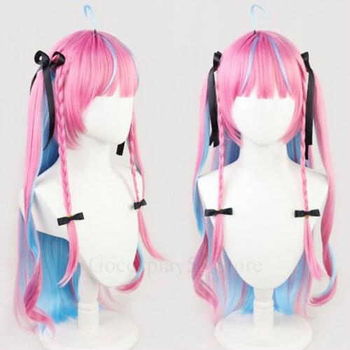 VTuber Hololive Minato Aqua Wig Mixed Blue Pink Straight Braids Girls Cosplay Long Braided Synthetic Hair Role Play