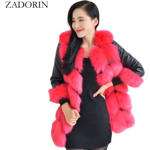 ZADORIN Autumn Winter Medium Long Faux Fur Coat With PU Sleeves High Quality Slim Faux Fur Jacket White fur Coats gilet fourrure