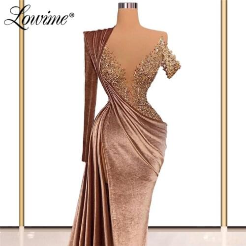 Lowime Dubai Haute Velvet Formal Long Evening Dresses Beading Mermaid Prom Dress 2021 Handmade Women Dresses Party Night Gowns