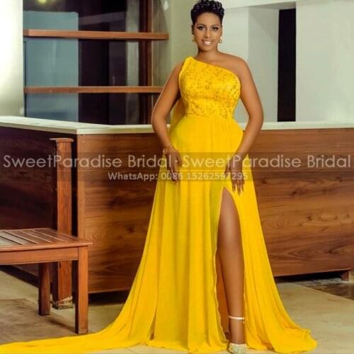 Gold Yellow Chiffon Evening Dresses With Beads 2021 A Line Long Sweep Train One Shoulder Side Split African Women Evening Dress