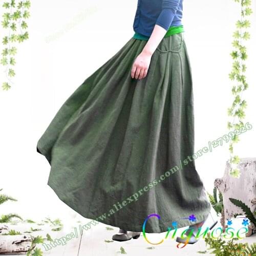 2020 Female Vintage Retro Casual Plus Large size 7XL ArmyGreen Cotton and Linen Folds Ladies Skirt Designs Maxi Skirts Womens
