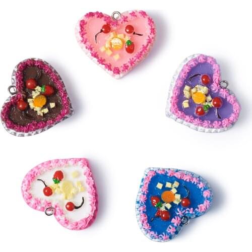 5Pcs Food Resin Cake Charms Pendants Heart Shaped Dessert Pendants For DIY Decoration Keychain Necklace Earring Jewelry Making
