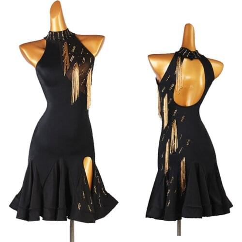 Shiny Diamond Fringe Latin Dance Competition Performance Dresses Rumba Tango Samba Salsa Cha Cha Dance Practice Costumes DQL4722