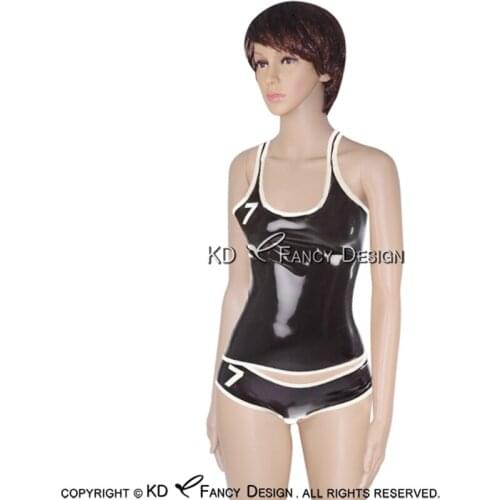 Black With White Trims Sexy Latex Shirt Top And Underwear Rubber Clothes Clothing Plus Size YF-0049