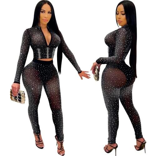 2021 Diamonds Sheer Mesh Two Piece Set Night Club Suit Zipper Long Sleeve Slim Crop Top Pencil Pants with Underwear