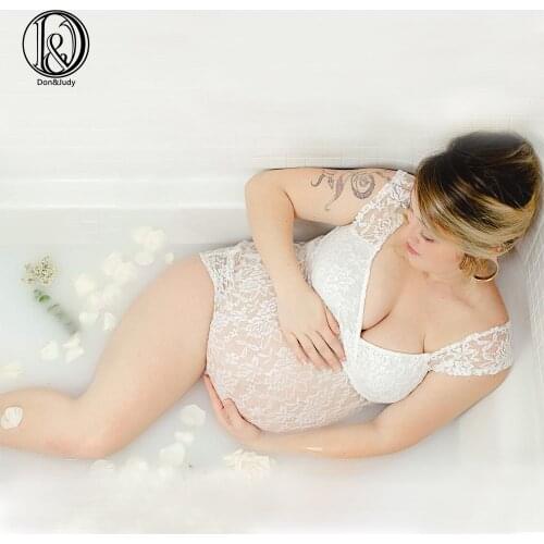D&J Maternity V-neck Lace Rompers for Pregnancy Photography Prop Pregnant Women Photo Shoot White Lace Jumpsuit Dress fotografia