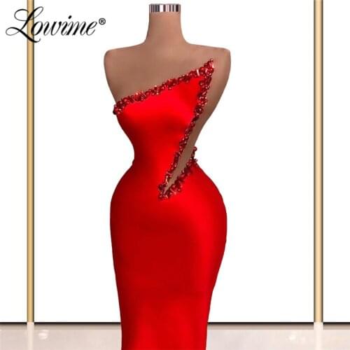 Lowime Red Long Evening Dresses 2021 Beaded Women Prom Dress Dubai Saudi Arabic Formal Dresses Party Gown Plus Size Robes Custom