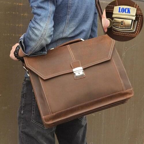 Luufan Mens Business Briefcase With Lock Genuine Leather Male 15.6" Laptop Handbag Cowhide Man Doctor Lawyer Computer Bag Tote