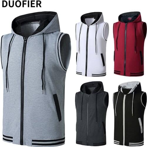 Fashion Sleeveless Hoodie Zipper T Shirt Men Clothing 2021 Summer Patchwork Casual Open Stitch Tshirt Man Pocket Tops Sportswer