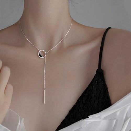 925 Sterling Silver Black Round Bead Long Charm Korean Necklace Creative Elegant Link Chain Wedding Jewelry For Women dz624