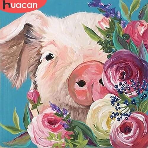 HUACAN Diamond Painting Kit Pig Home Decoration Embroidery Cross Stitch Animal Rose Mosaic Flower Diamond Art