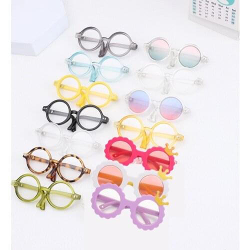 Candy Color Mini Doll Glasses Clear Lens Eyeglasses Round Frame Plush Doll Toys Eyewear Photo Props Pet Dog Cat Sunglasses