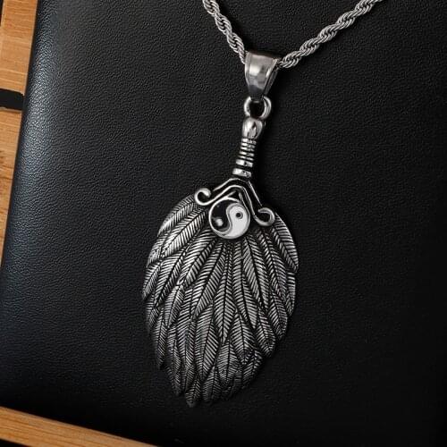 Feather Fan Stainless Steel Pendant Necklace For Men Vintage Fashion Metal Necklace Foe Male Jewelry