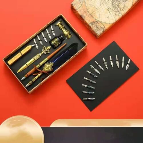 Retro Luxury Vintage Feather Dip Pen Ink Set Quill Writing Pen Stationery Gift With 5 NIB Calligraphy Practice Desk Decoration