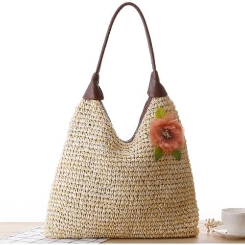 Appliques Floral Weave Casual Tote Bags Women Leather Handle Big Ladies Hand Bags Shopping Travel Bohemia Shoulder Bags