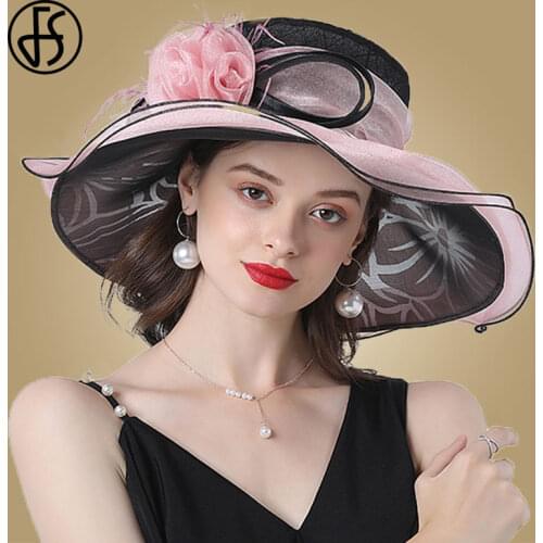 FS Organza Wedding Hat For Women Kentucky Derby Pink Hats Ladies Tea Party Large Flower Wide Brim Fascinator Vintage Fedoras