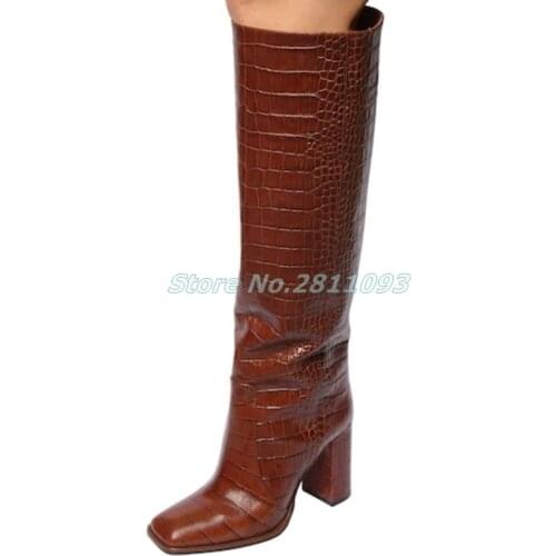 2020 New Arrivals Square Heel Boots Knee High Slip On Fashion Winter Women Boots Sqaure Toe Leather Dress Autumn Boots On Sale