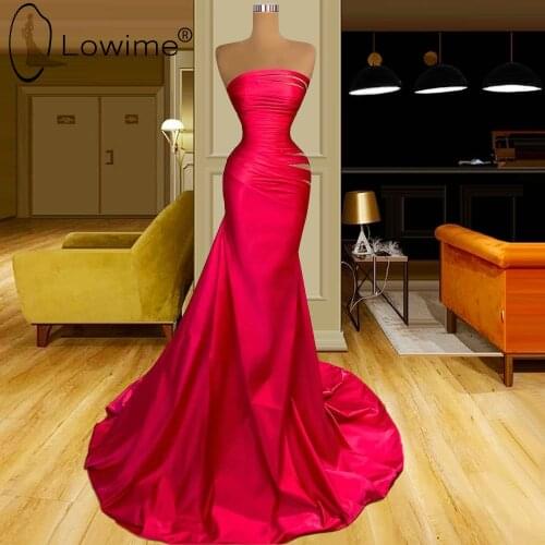 Simple Long Strapless Mermaid Evening Dresses 2021 Rose Red Vestidos De Fiesta Robe Longue Femme Party Gowns for Weddings