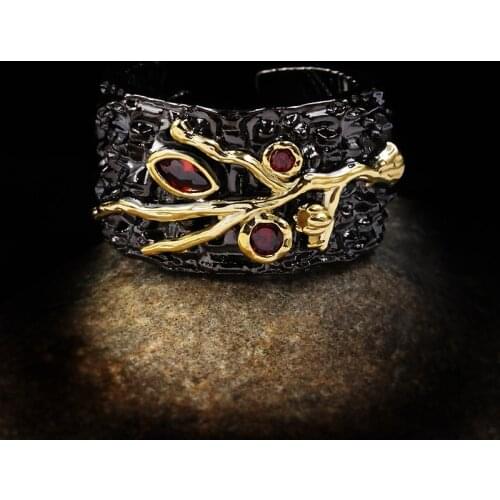 Exaggerated Vintage Tungsten Branches Rings for Women Luxury Black Gold Ruby Inlay Opening Adjustable Wedding Evening Jewelry