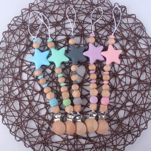 New Baby Teether Food Grade Silicone Beads Star Pendant Beech Wooden Pacifier Holder Chain Clip for Baby Newborn Boy Girl