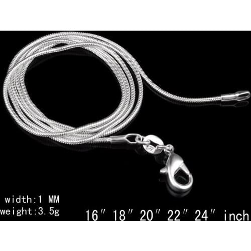 16''18'' 20''22'' 24''26'' 28''30''32''34''36''38'' Silver plated 1mm width snake necklace chain for pendant jewelry snake bone
