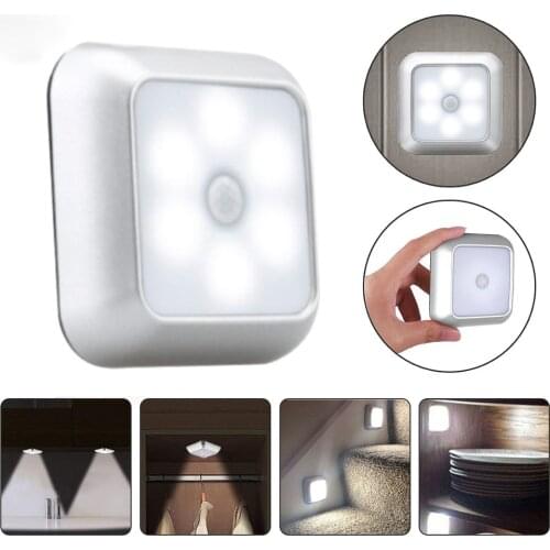 2020 Battery Powered 6 LED Square Motion Sensor Night Lights PIR Induction Under Cabinet Light Closet Lamp for Stairs Kitchen