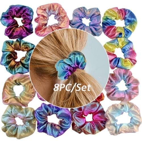 8Pcs Fashion Set Glitter Scrunchie Colorful Elastic Hair Tie Hair Band Glitter Ponytail Holder Scrunchie Pack Hair Accessories