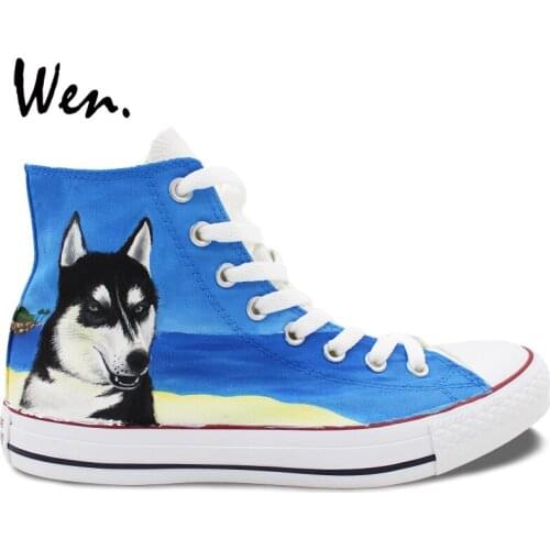 Wen Design Custom Shoes Original Hand Painted Pet Dog Husky Beach Men Womens High Top Canvas Sneakers for Gifts