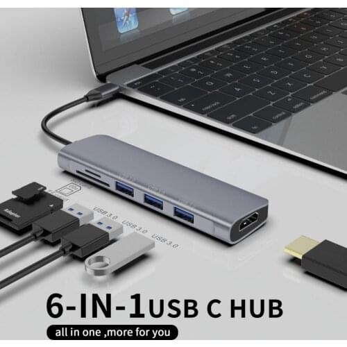 6-in-1 Type-C Hub To 4K 3 USB 3.0 PD Data Transmission Micro-SD/TF Card Port USB-C Docking Station Adapter Expansion Dock
