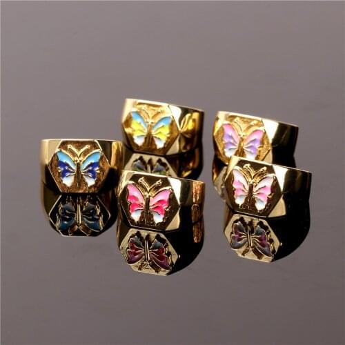 EYIKA Exquisite Mix Color Enamel Butterfly Wide Ring for Women High Quality Gold Plated Hexagon Open Ring Fashion Finger Jewelry