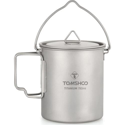 TOMSHOO 750ml Titanium Pot Titanium Water Mug Cup with Lid and Foldable Handle Outdoor Camping Pot Cooking Pots Picnic Hang Pot