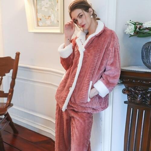 Pajama Set Pajamas For Women Night Gown For Women Long Sleeves Plus Velvet Thick Loose Two Piece Suit Flannel Home Service