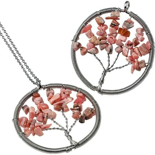 SUNYIK Crystal Chips Beads Wire Wrap Tree of Life Pendant Fit Necklace Colorful Jewelry Christmas Gift (Free Chain)