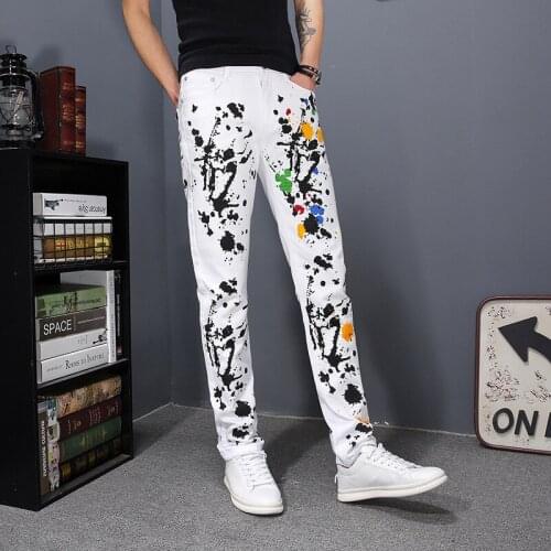 2020 Spring Straight Denim Trousers Men Fashion Printing Slim Jogger Pencil Pants Casual Street White Hip Hop Men Zipper Jeans