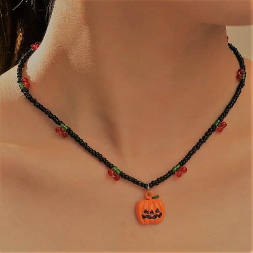 2021 New Lovely Cherry Pumpkin light Pendant Beaded Charm Statement Short Choker Necklace for Halloween Party Jewelry Kids Gift