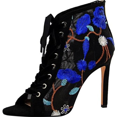 European and American sexy high-heeled mesh hollow lace embroidered lace fish mouth sandals sandals