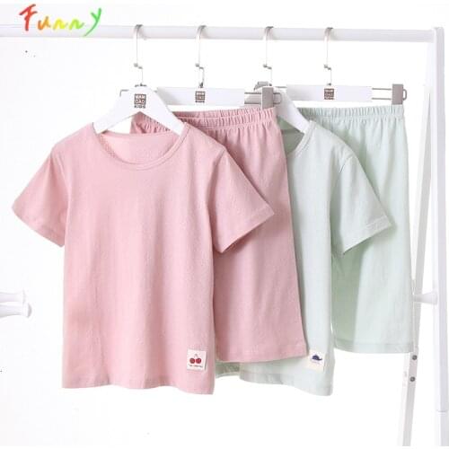 Unisex Boys Girls Sleepwear Summer Casual Cotton Pajamas Set Solid Simple Tops Shorts Suit Breathable Children Home Clothes