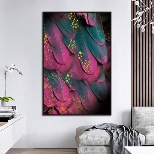 Poster Feather Gold Pink Canvas Painting Posters and Prints Living Room Wall Art Decoration Painting Hd Print Photos