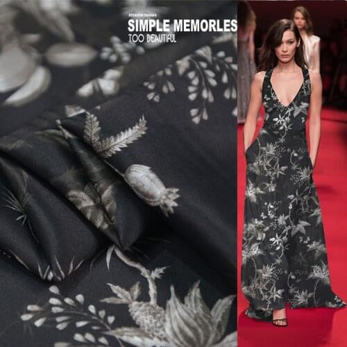 Luxurious black floral and gray floral print thick silk cotton satin blended fabric,SCT726