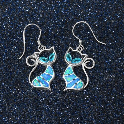 Fashion Cute Blue Opal Cat Earrings with Natural Stone Hypoallergenic Earrings for Women Trendy Wedding Jewelry