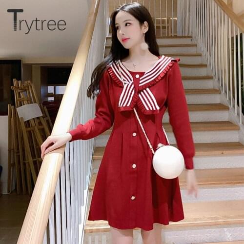Trytree 2021 Spring Autumn Womens Dress Casual Bow Ruffled Collar Knitted Elastic Waist A-line Above Knee Sweet Elegant Dress