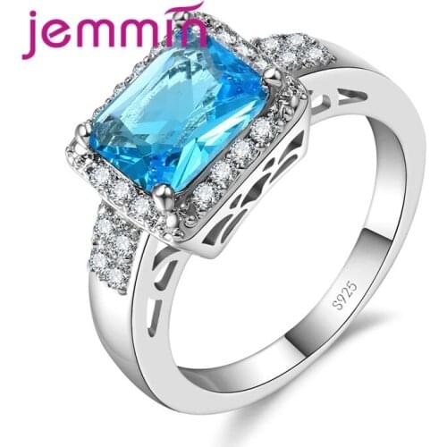 925 Sterling Silver White/Blue/Green/Red Colorful Crystal Ring for Women Christmas Gift Shiny Rectangle Rhinestone Bijoux
