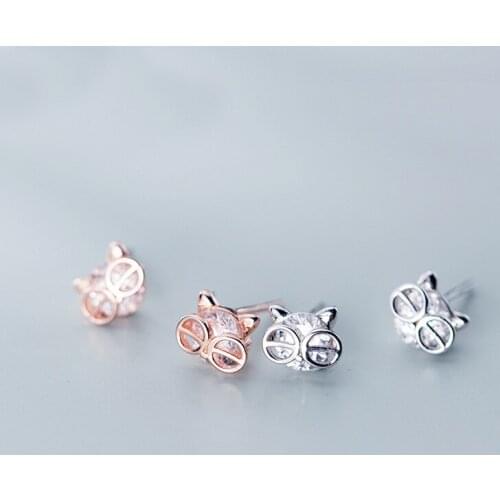 MloveAcc New Arrival 925 Sterling Silver Cat with Glasses Clear Cubic Zircon Small Stud Earrings for Women Fashion Silver Jewelr